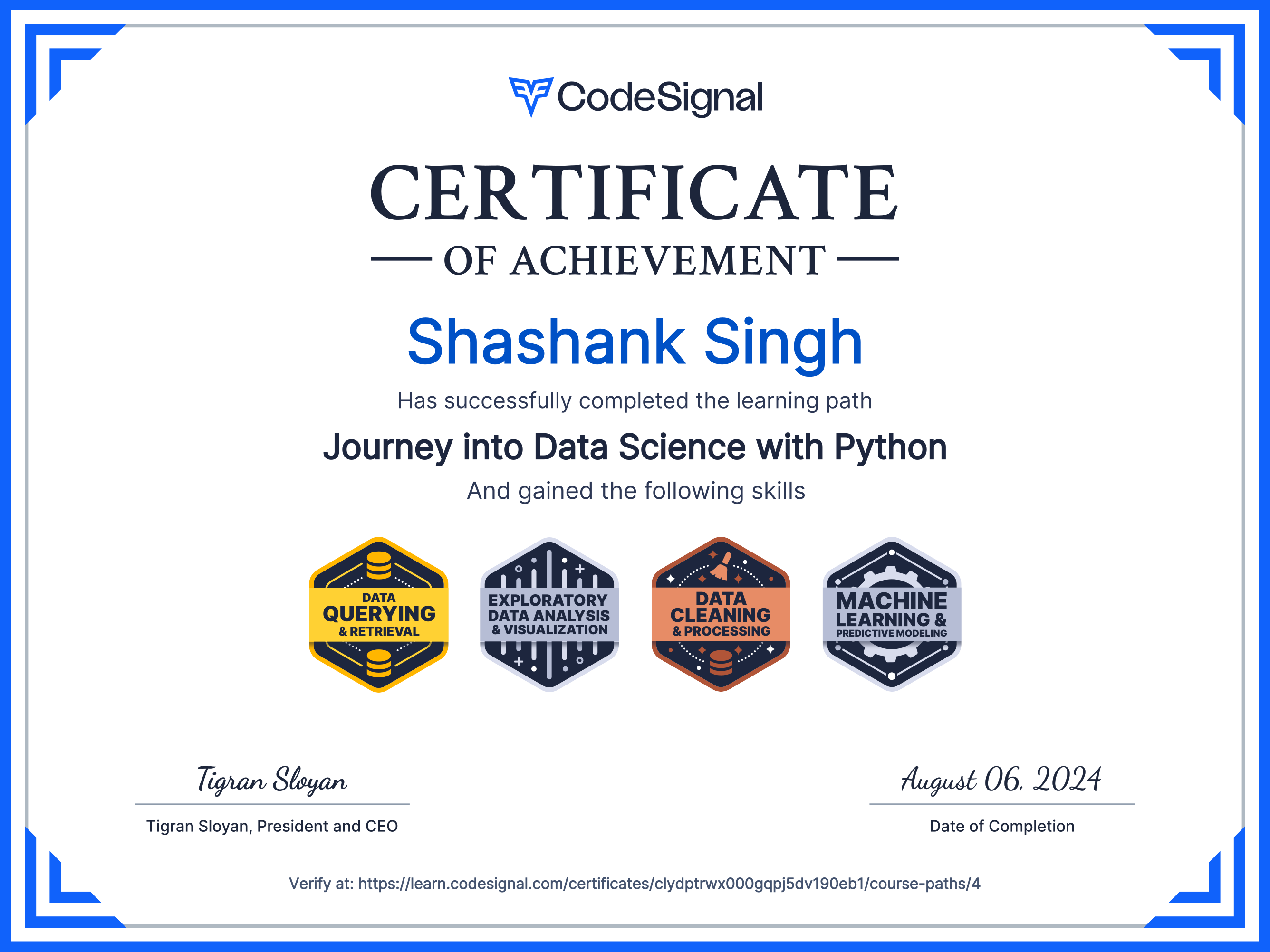 certificate of Data Science Learning Path